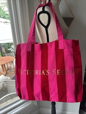 Y2K Victoria's Secret Hot Pink Red Striped Large Big Tote Bag Shopper Shoulder